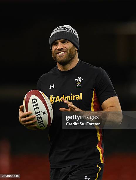 Wales centre Jamie Roberts in action during Wales training ahead of their match against Japan at the Millennium Stadium on November 17, 2016 in...