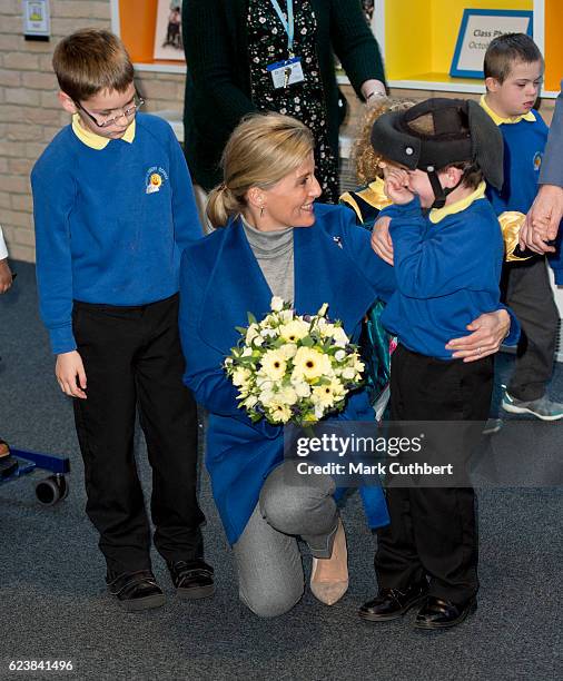 Sophie, Countess of Wessex opens Portesbery School on November 17, 2016 in Camberley, England.