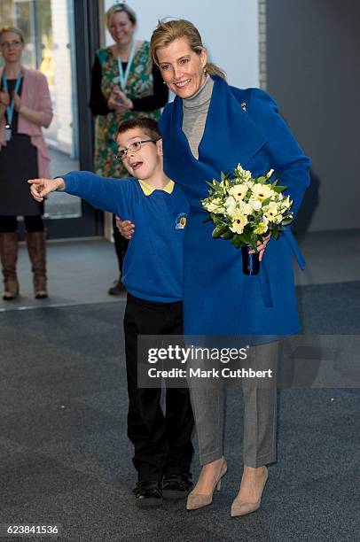 Sophie, Countess of Wessex opens Portesbery School on November 17, 2016 in Camberley, England.