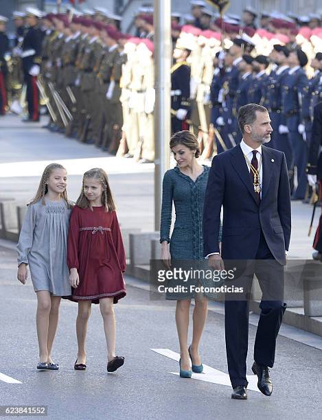 Princess Sofia of Spain, Princess Leonor of Spain, Queen Letizia of Spain and King Felipe VI of Spain attend the 12th Legislative Sessions opening at...