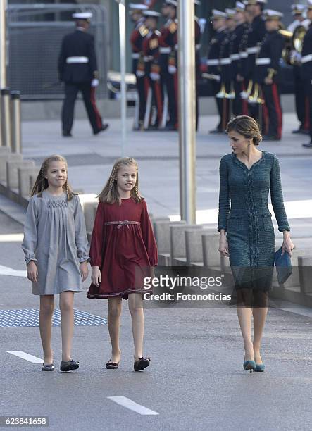 Princess Sofia of Spain, Princess Leonor of Spain and Queen Letizia of Spain attend the 12th Legislative Sessions opening at the Spanish Parliament...