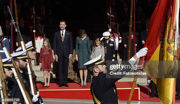 Princess Leonor of Spain, King Felipe VI of Spain, Queen Letizia of Spain and Princess Sofia of Spain attend the 12th Legislative Sessions opening at...