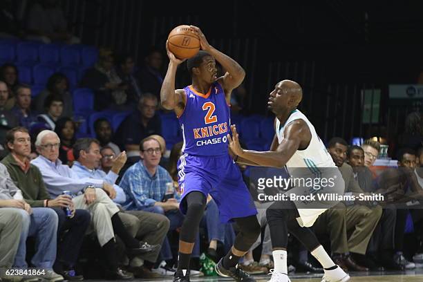 Doron Lamb of the Westchester Knicks handles the ball against the Charlotte Swarm during the game at the The Field House at the Greensboro Complex on...