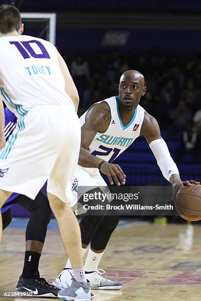 Rodney Williams of the Greensboro Swarm handles the ball against the Westchester Knicks during the game at the The Field House at the Greensboro...
