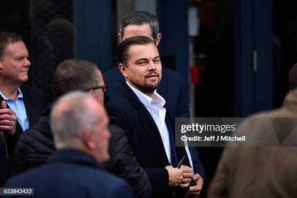 Hollywood actor Leonardo DiCaprio arrives at Home restaurant during his first visit on November 17, 2016 in Edinburgh, Scotland. The Oscar winning...