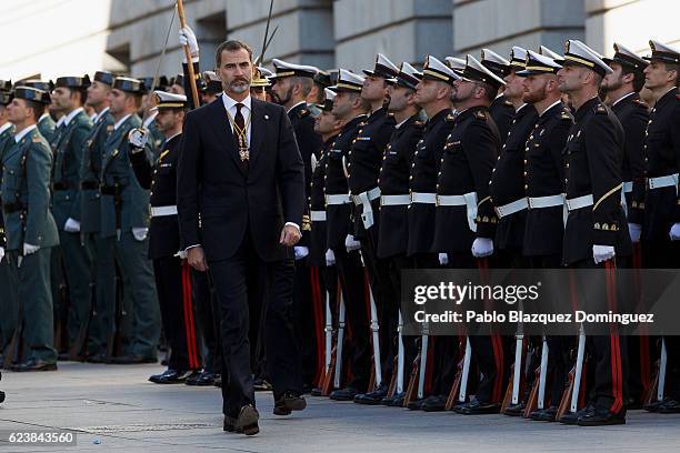 King Felipe VI of Spain arrives to the solemn opening of the twelfth legislature at the Spanish Parliament on November 17, 2016 in Madrid, Spain....