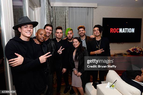 Rapper/singer Matt Rey of Los 5, Roc Nation Co-Founder Tyran 'Tata' Smith, music manager Terry Anzaldo, singer Juan Pablo Castillo, drummer Tomas...