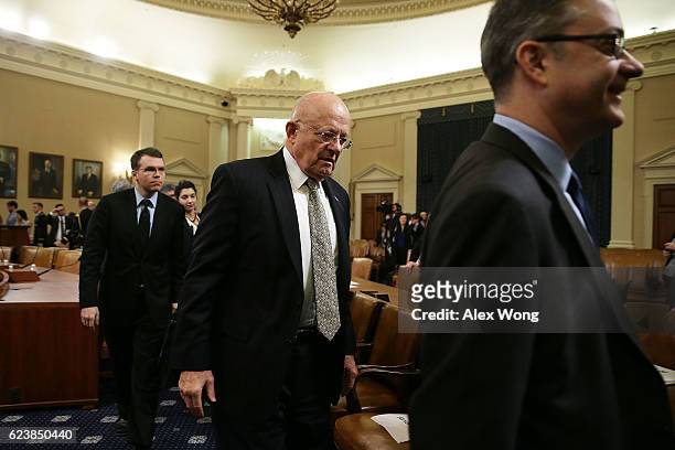 Director of National Intelligence James Clapper leaves after a hearing before the House Intelligence Committee November 17, 2016 on Capitol Hill in...