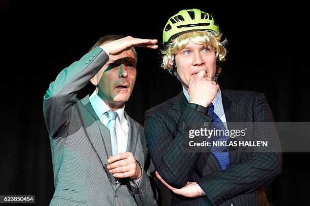 Actors Chris Vincent playing Michael Gove and James Sanderson playing Boris Johnson perform during a dress rehearsal ahead of the opening night...