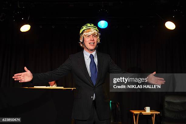 Actor James Sanderson playing Boris Johnson performs during a dress rehearsal ahead of the opening night performance of "Brexit: The Musical", at a...