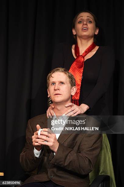 Actors Stephen Emery playing Labour leader Jeremy Corbyn and RJ Seeley playing his wife Laura perform during a dress rehearsal ahead of the opening...
