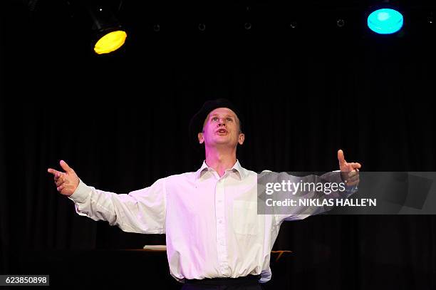 Actor Stephen Emery playing Jean Monnet, a French diplomat considered one of the founding fathers of the EU, during a dress rehearsal ahead of the...