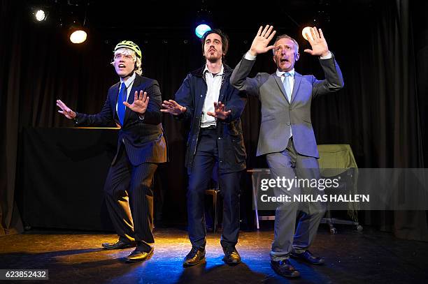 Actors James Sanderson playing Boris Johnson, Jack Bradley, playing Nigel Farage, and Chris Vincent, playing Michael Gove perform during a dress...