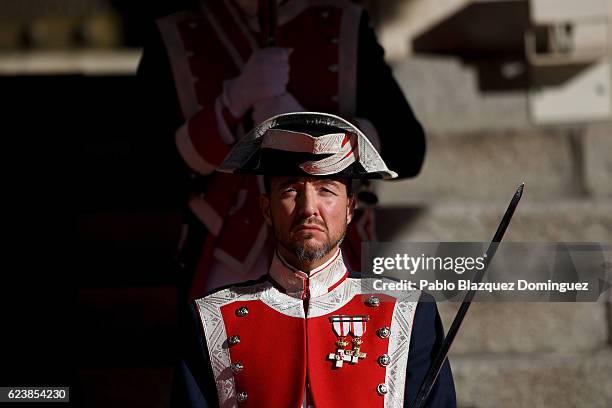 Halberdier from the Royal Guard stands still before the solemn opening of the twelfth legislature at the Spanish Parliament on November 17, 2016 in...