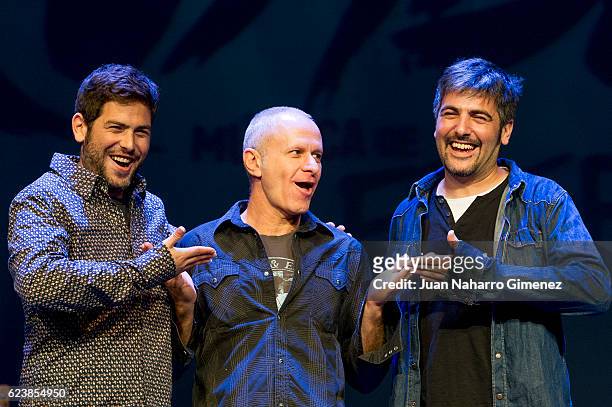 Jose Manuel Munoz, Boaz Berman and David Munoz pose on stage during a performance of the of Mayumana Company's 'RUMBA!' at Rialto theater on November...