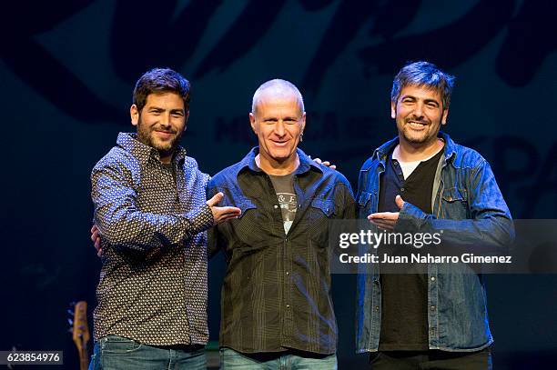 Jose Manuel Munoz, Boaz Berman and David Munoz pose on stage during a performance of the of Mayumana Company's 'RUMBA!' at Rialto theater on November...