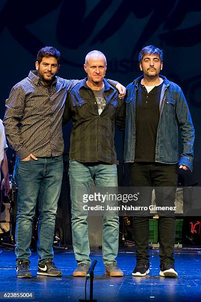 Jose Manuel Munoz , Boaz Berman and David Munoz pose on stage during a performance of the of Mayumana Company's 'RUMBA!' at Rialto theater on...