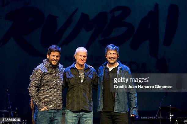 Jose Manuel Munoz , Boaz Berman and David Munoz pose on stage during a performance of the of Mayumana Company's 'RUMBA!' at Rialto theater on...