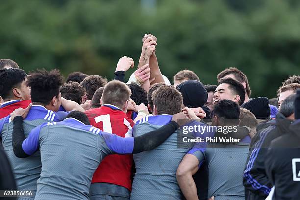 The New Zealand All Blacks from a group during a training session at the Westmanstown Sports Complex on November 17, 2016 in Dublin, Ireland.