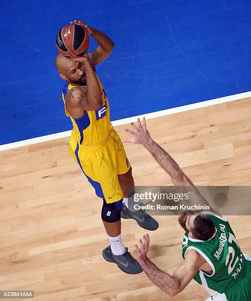 Devin Smith, #6 of Maccabi Fox Tel Aviv competes with Kostas Kaimakoglou, #21 of Unics Kazan during the 2016/2017 Turkish Airlines EuroLeague Regular...