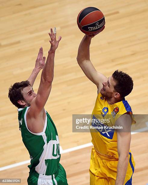 Gal Mekel, #9 of Maccabi Fox Tel Aviv competes with Pavel Antipov, #2 of Unics Kazan during the 2016/2017 Turkish Airlines EuroLeague Regular Season...