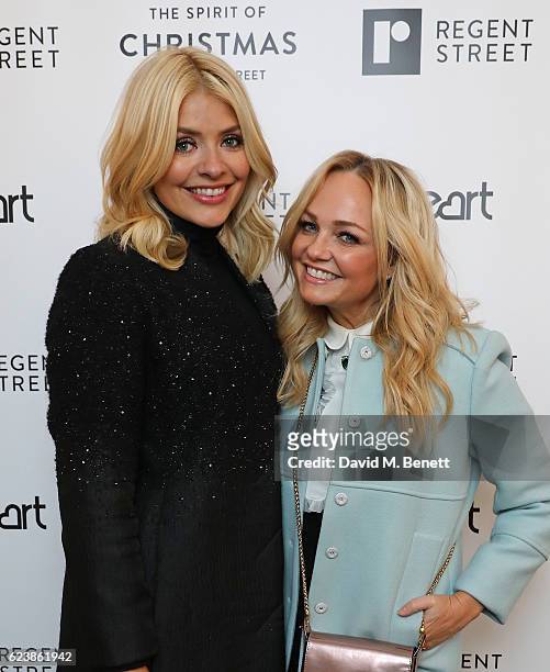 Holly Willoughby and Emma Bunton attend the Regent Street Christmas Lights switch on event with Heart at Regent Street on November 17, 2016 in...