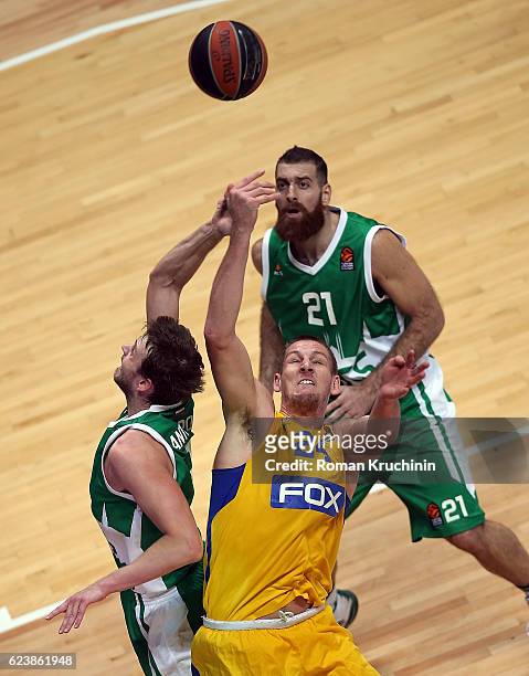 Colton Iverson, #24 of Maccabi Fox Tel Aviv competes with Pavel Antipov, #2 of Unics Kazan during the 2016/2017 Turkish Airlines EuroLeague Regular...