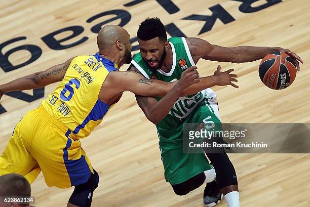 Keith Langford, #5 of Unics Kazan competes with Devin Smith, #6 of Maccabi Fox Tel Aviv during the 2016/2017 Turkish Airlines EuroLeague Regular...