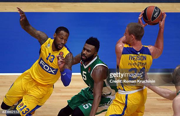 Colton Iverson, #24 and Sonny Weems, #13 of Maccabi Fox Tel Aviv competes with Keith Langford, #5 of Unics Kazan during the 2016/2017 Turkish...
