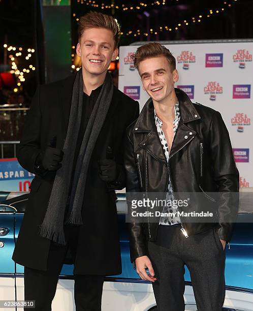 Joe Suggs and Caspar Lee attends the UK Premiere of "Joe & Casper Hit The Road USA" at Cineworld Leicester Square on November 17, 2016 in London,...