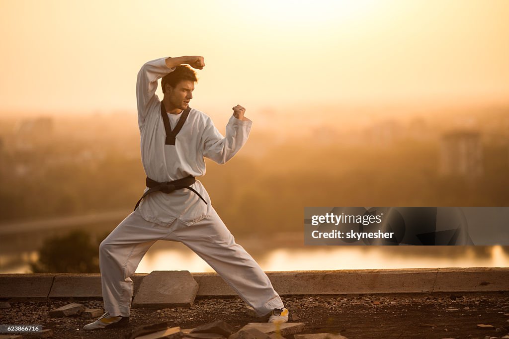 Black belt martial artist practicing karate at sunset.