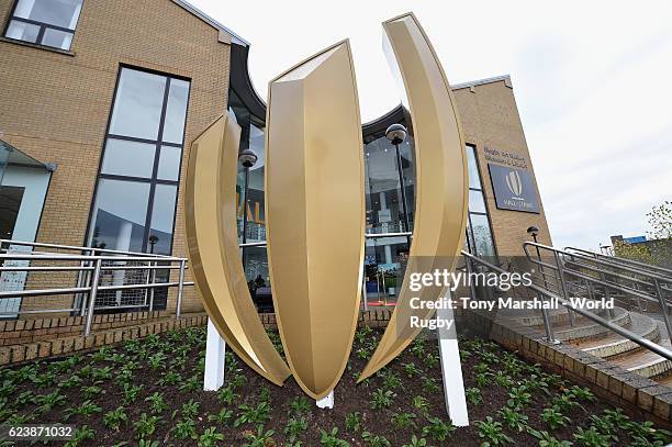 The World Rugby via Getty Images logo outside the World Rugby via Getty Images Hall of Fame during the World Rugby via Getty Images Hall of Fame...