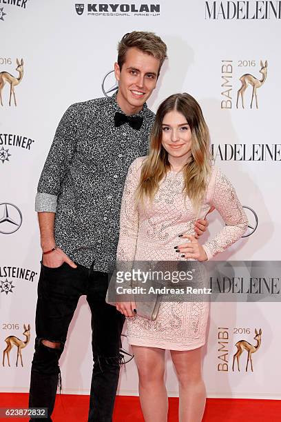 Julian Claßen and Bianca Heinicke arrive at the Bambi Awards 2016 at Stage Theater on November 17, 2016 in Berlin, Germany.