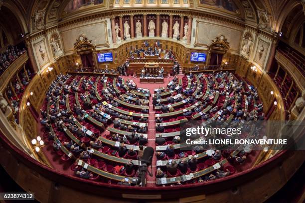 French senators attend a session in the hemicycle of the French Senate in the Palais du Luxembourg, on November 17, 2016 in Paris.