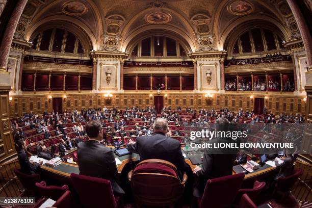 French senators attend a session in the hemicycle of the French Senate in the Palais du Luxembourg, on November 17, 2016 in Paris.