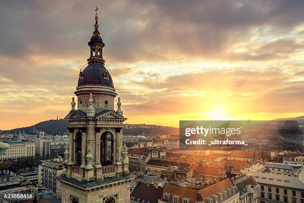 gellert hill castle hill and st stephen's basilica in budapest - budapest stockfoto's en -beelden