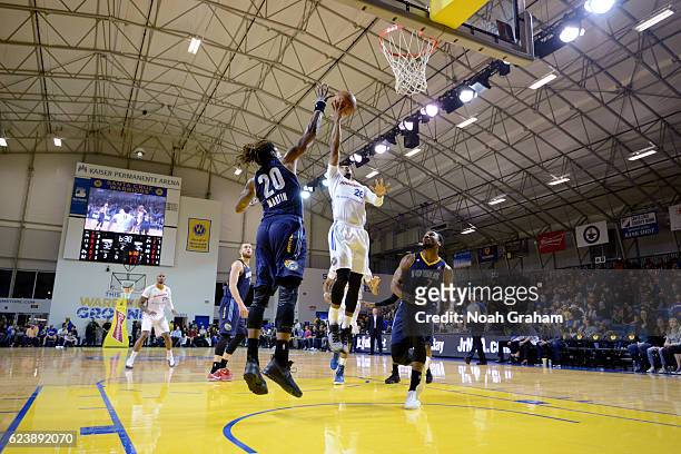 Phil Pressey of the Santa Cruz Warriors gets to the basket against Cartier Martin of the Iowa Energy on November 16, 2016 at Kaiser Permanente Arena...