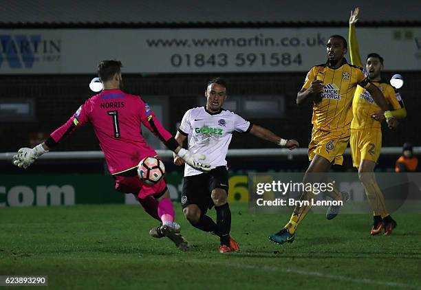 Ricky Miller of Dover Athletic scores during the Emirates FA Cup First Round Replay match between Dover Athletic and Cambridge United at the Crabble...