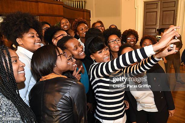 Actress/singer Janelle Monae take selfie with Spelman students at "Hidden Figures" Q & A Discussion at Spelman Convocation at Spelman College on...