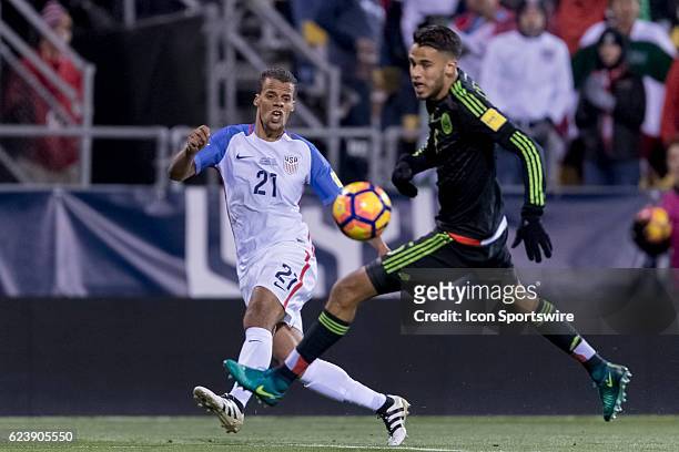 United States Men's National Team player Timmy Chandler crosses the ball in the first half during the FIFA 2018 World Cup Qualifier at MAPFRE Stadium...
