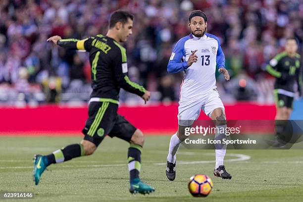 United States Men's National Team player Jermaine Jones defends against Mexico Men's National Team player Rafael Marquez in the first half during the...