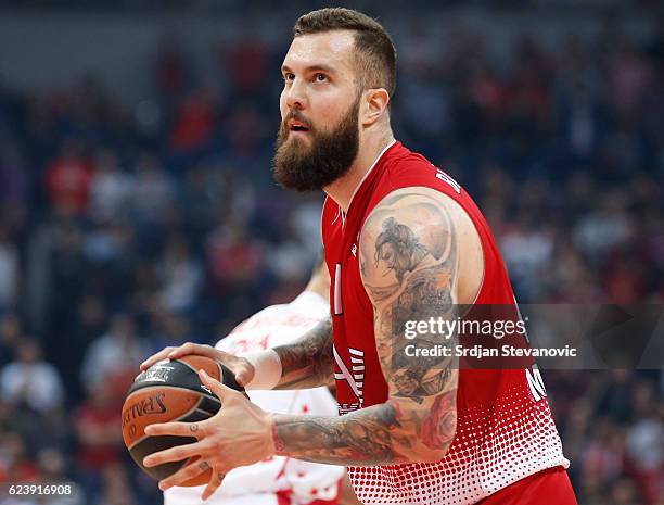 Miroslav Raduljica of Armani in action during the 2016/2017 Turkish Airlines EuroLeague Regular Season Round 8 game between Crvena Zvezda MTS...