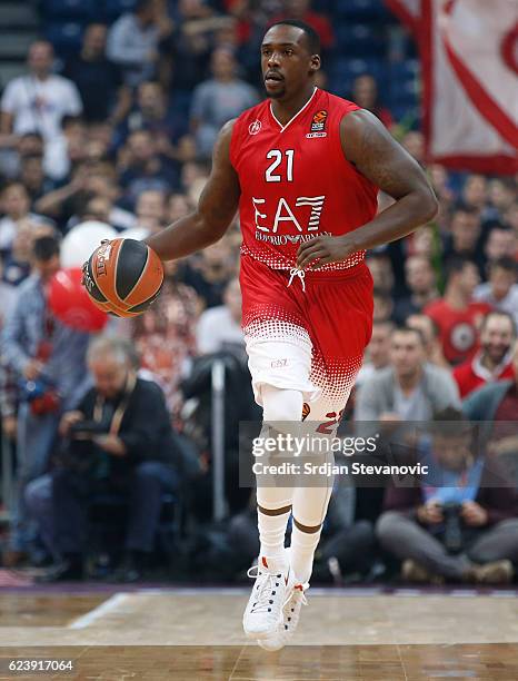 Rakim Sanders of Armani in action during the 2016/2017 Turkish Airlines EuroLeague Regular Season Round 8 game between Crvena Zvezda MTS Belgrade...