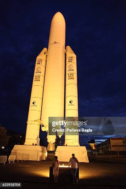 Full scale replica of the Ariane-5 rocket on display at the Kourou space center on October 5, 2016 in Kourou, French Guiana. European countries...