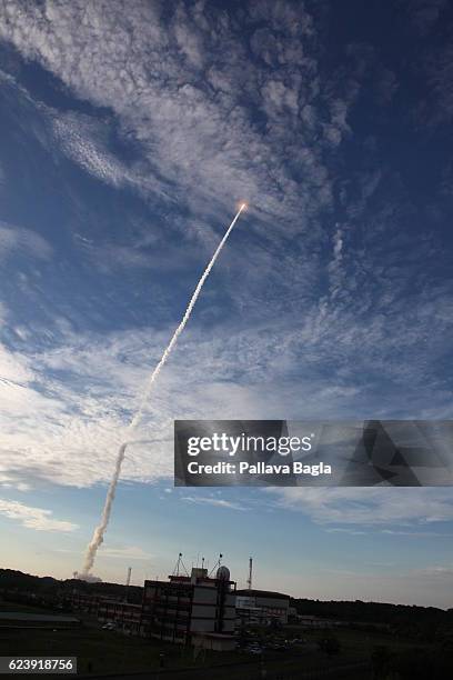 Ariane 5 launches successfully carrying India's GSAT-18 and Australia's Sky Muster II commsats from Ariane Launch Complex No 3 on October 5, 2016 in...