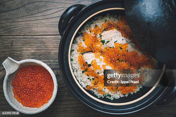 hokkaido's traditional rice dish with ikura and salmon - ikura bildbanksfoton och bilder