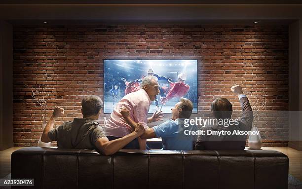 adults watching ice hockey game at home - hockey fans stock pictures, royalty-free photos & images