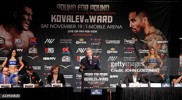 Boxers Sergey Kovalev from Russia and Andre Ward, USA, attend their final news conference at the MGM Grand in Las Vegas, November 17, 2016. Kovalev...