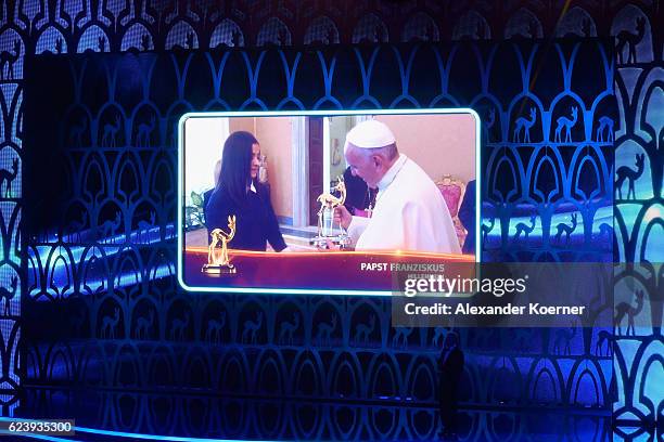 Pope Francis is seen on screen during the Bambi Awards 2016 show at Stage Theater on November 17, 2016 in Berlin, Germany.