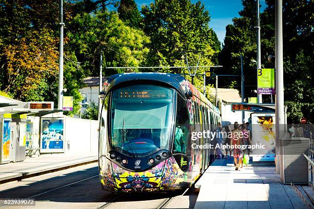 tram stopped montpellier - montpellier france stock pictures, royalty-free photos & images